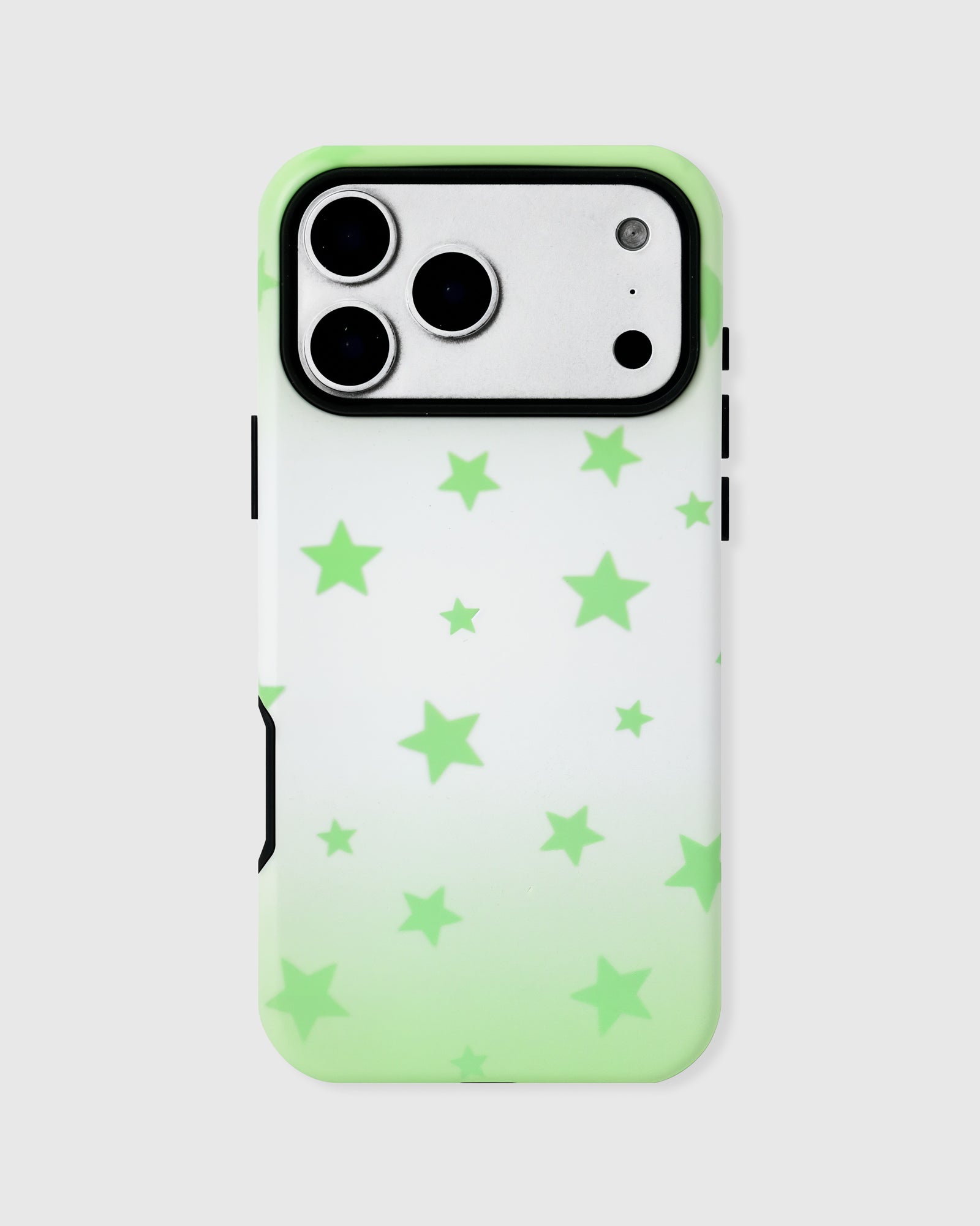Back of the STICKYZOO Lucky Star phone case showing scattered green stars on a matte UV-printed ABS shell with a clean grip-down profile.