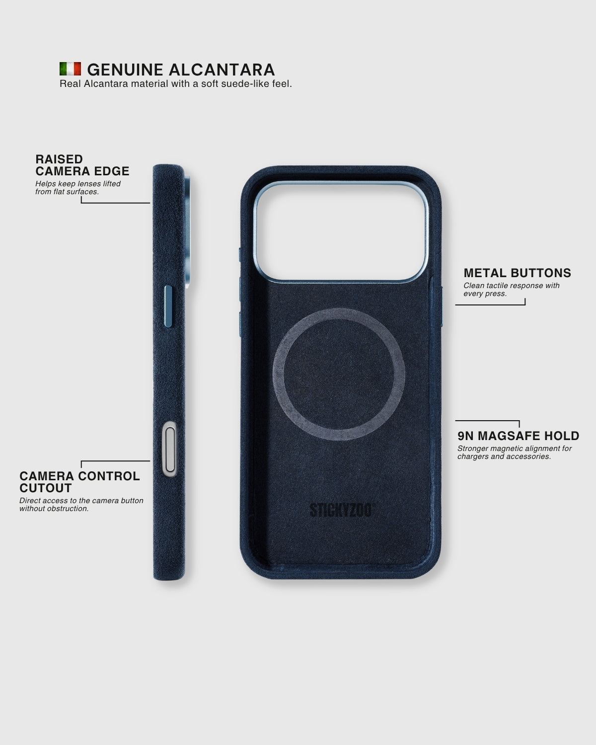 {{Alcantara exterior + lining}} Side profile and interior of STICKYZOO Cobalt Alcantara case showing genuine Alcantara on both sides with 9N MagSafe ring