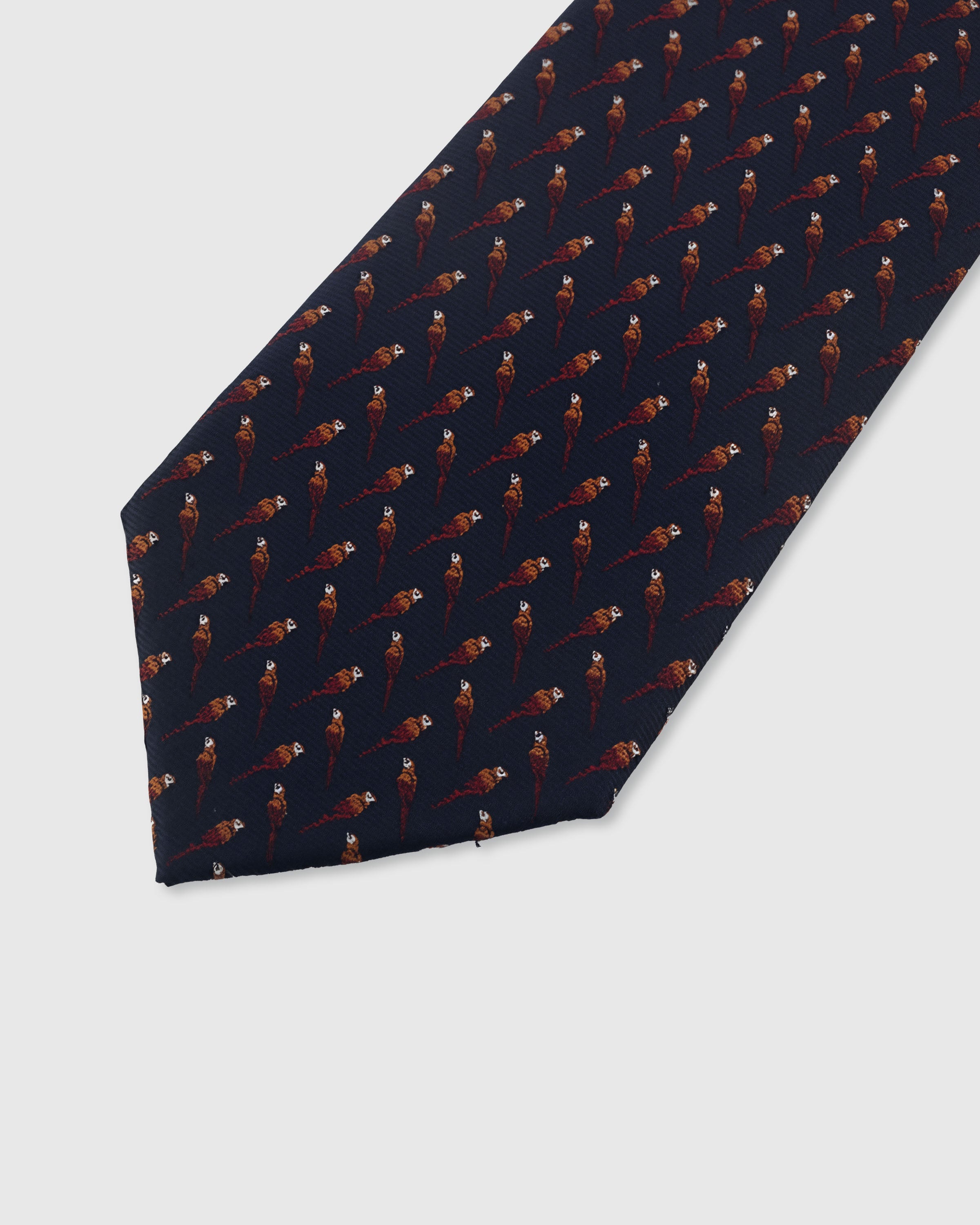 {Embroidered pheasant bird motif detail} Pheasant detail on midnight navy mulberry silk tie showing embroidered pattern by STICKYZOO