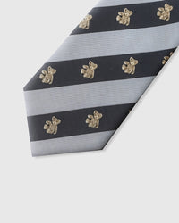 Embroidered, not printed STICKYZOO Mono Teddy Stripe Tie flat blade showing teddy bear motifs on grey and navy striped silk
