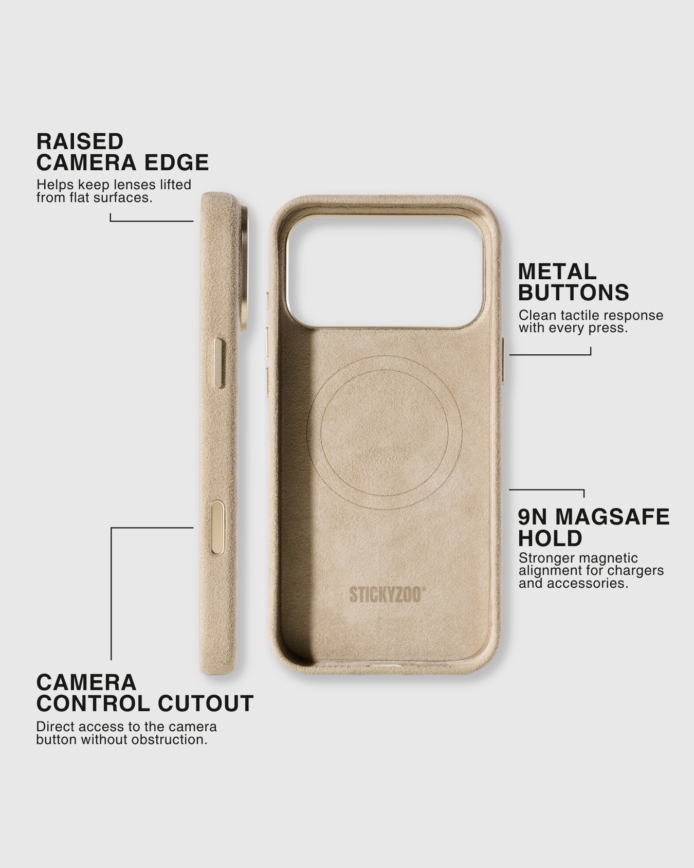 Interior view of STICKYZOO sand Alcantara case showing dual-layer suede lining, gold buttons, and 9N MagSafe ring