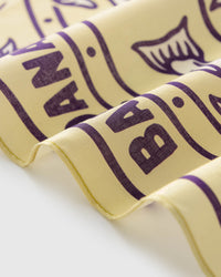 Close-up of the hand-illustrated cartouche border printed in archival inks on the yellow silk field