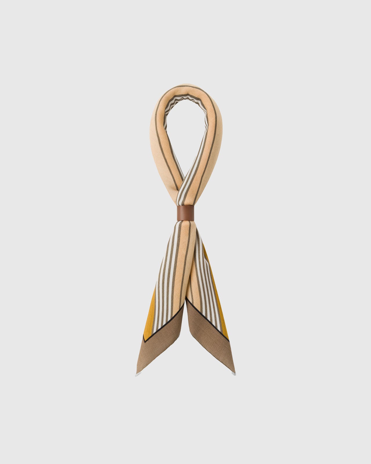 STICKYZOO derby gallop silk scarf folded to show the taupe border and the mustard stripes fanning across the fold