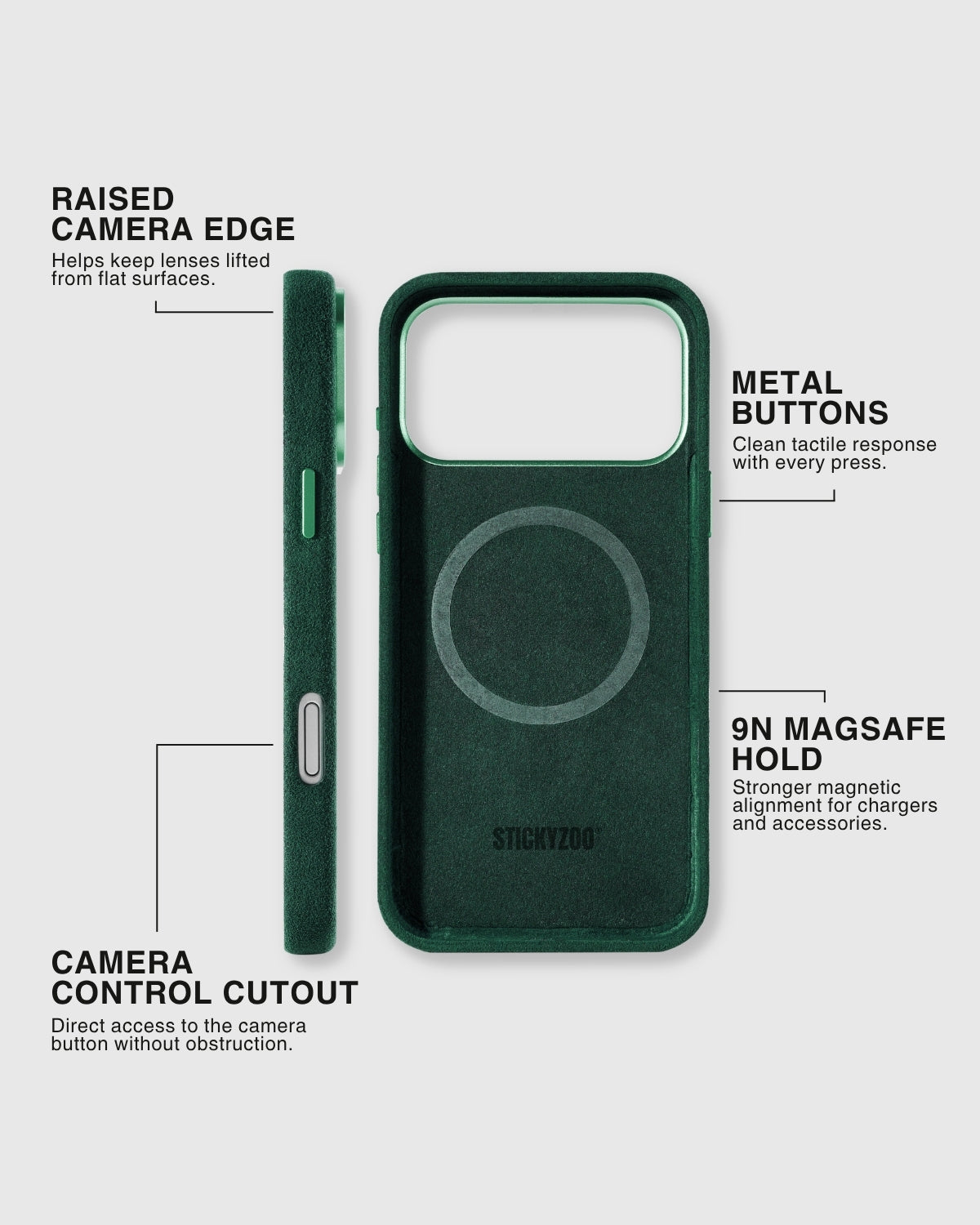 {{MagSafe and Camera Control.}} STICKYZOO Evergreen Alcantara case interior showing 9N MagSafe ring, metal buttons, and camera control cutout