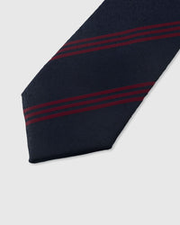 STICKYZOO NAVY CRIMSON STRIPE TIE — hand-embroidered detail showing crimson red triple diagonal stripes, stitched not printed