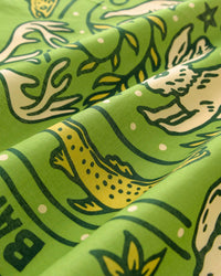 STICKYZOO wildwood grove silk scarf print detail showing the hand-illustrated ochre trout on green silk
```