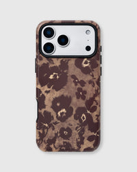 Back of the burgundy poppy phone case showing the full animal-print and poppy artwork on matte UV-printed ABS