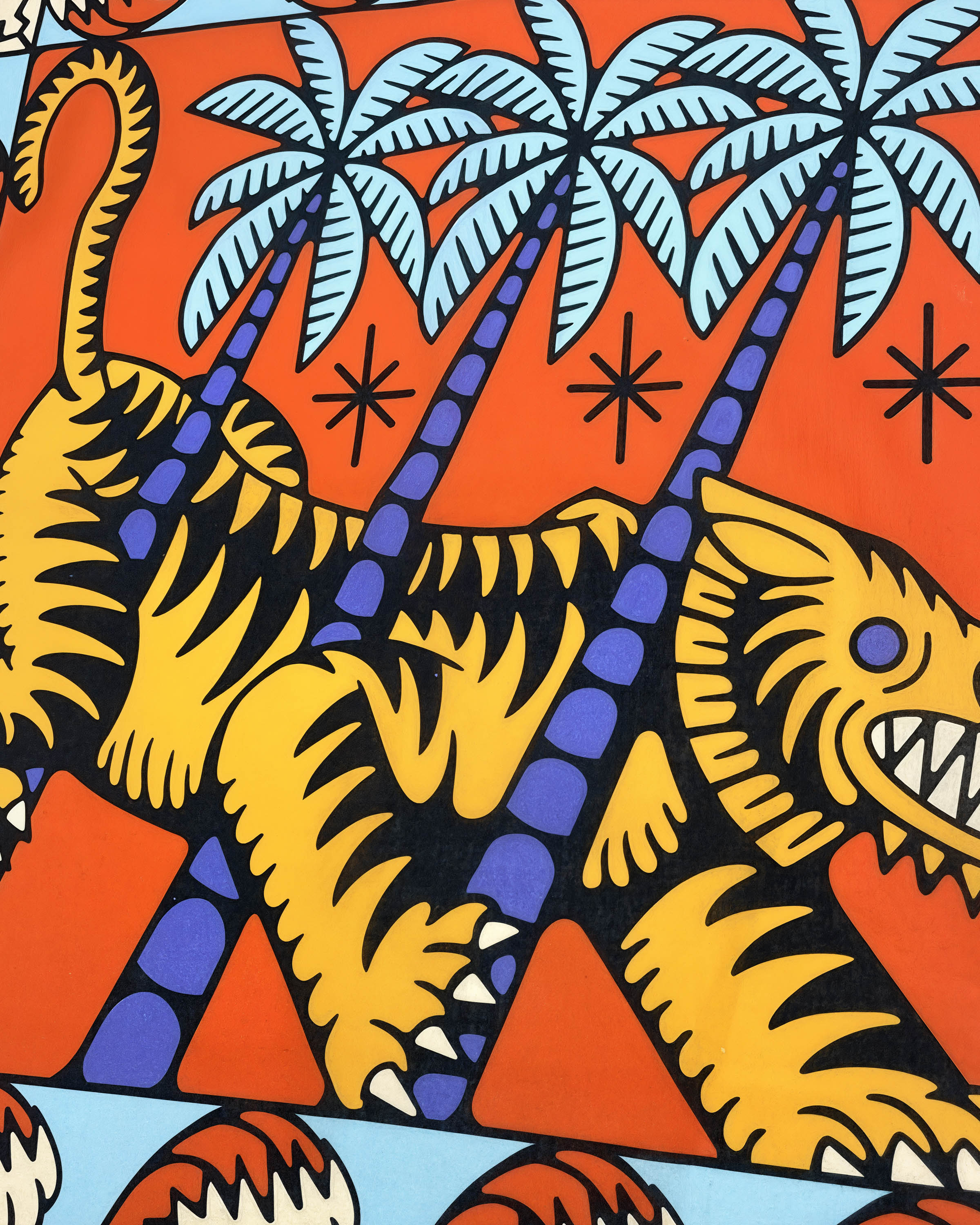 STICKYZOO tiger parade silk scarf print detail showing the tiger mid-stride between tall palms
```