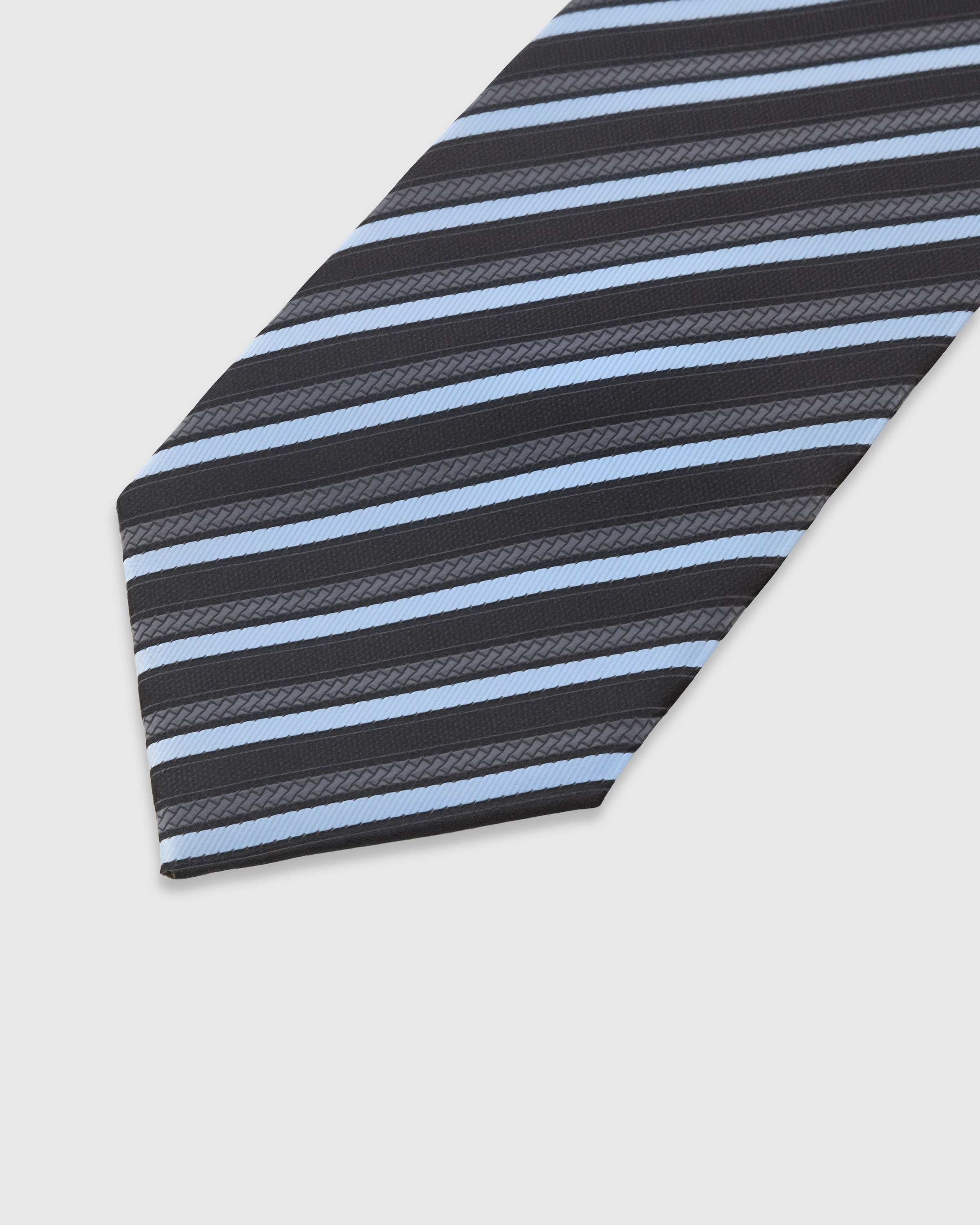 Sky-blue stripe detail on charcoal mulberry silk tie showing woven bands on herringbone by STICKYZOO