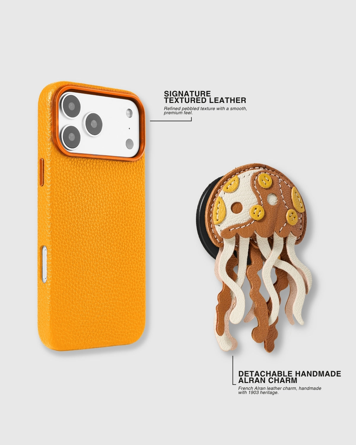 Textured leather case and detachable handmade French Alran leather jellyfish charm shown separately — signature pebbled leather and magnetic MagSafe-compatible charm grip. Rated 4.9 stars.