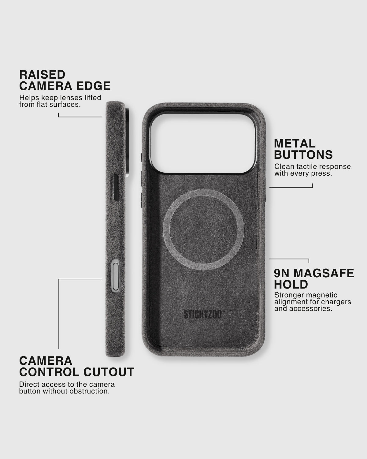 {{MagSafe and Camera Control.}} STICKYZOO Storm Alcantara case interior showing 9N MagSafe ring, metal buttons, and camera control cutout