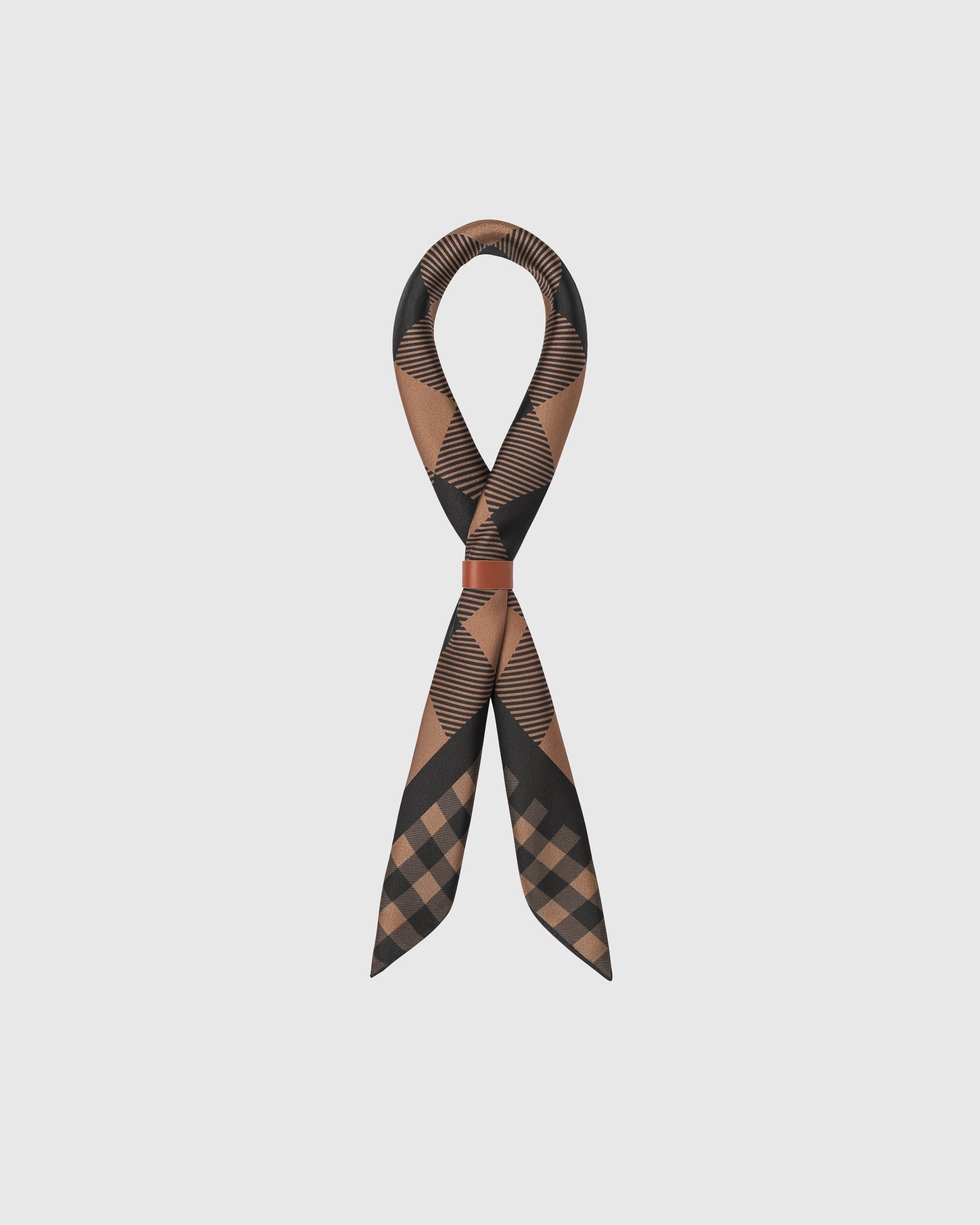 Silk gingham scarf coiled with a leather wrap showing the two-scale check and the small-square drape