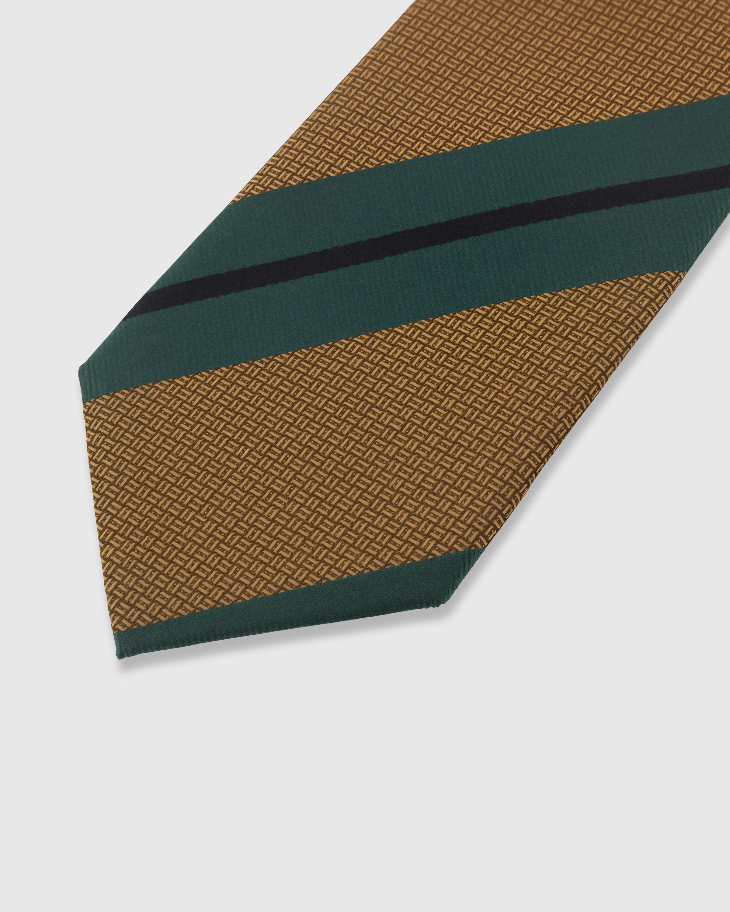 Block stripe detail on amber mulberry silk tie showing teal and cocoa woven bands by STICKYZOO