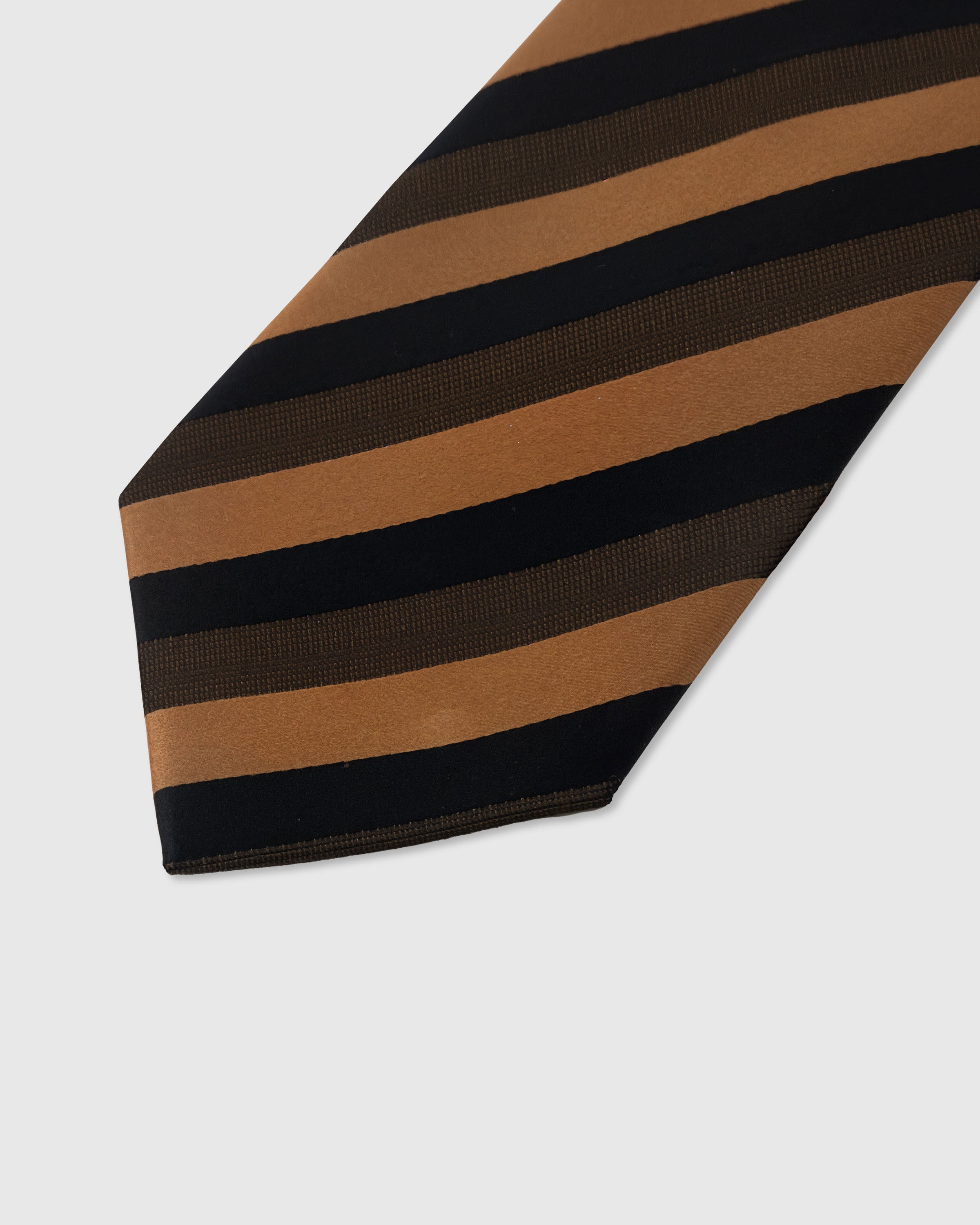 Block stripe detail on camel and onyx mulberry silk tie showing raised hand-embroidered thread by STICKYZOO