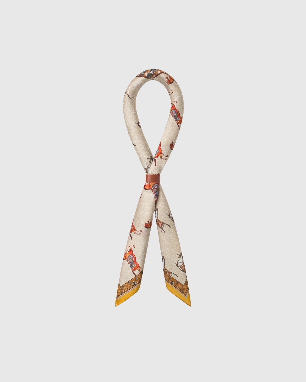 Saffron yellow border drape detail on the gallop patchwork silk scarf in archival inks