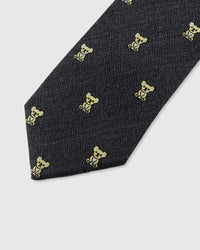 STICKYZOO CHARCOAL KOALA TIE — hand-embroidered detail showing gold-toned embroidered koala motifs, stitched not printed