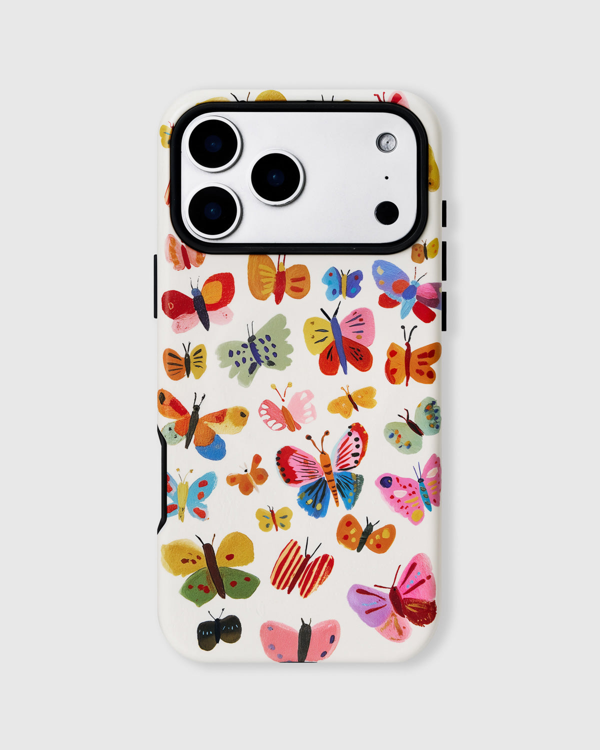 Back of the painted butterfly phone case showing multicolor butterflies on matte UV-printed ABS