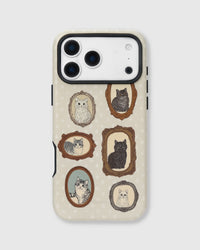 Back of the vintage tabby phone case showing the gallery wall of framed cat portraits on UV-printed ABS