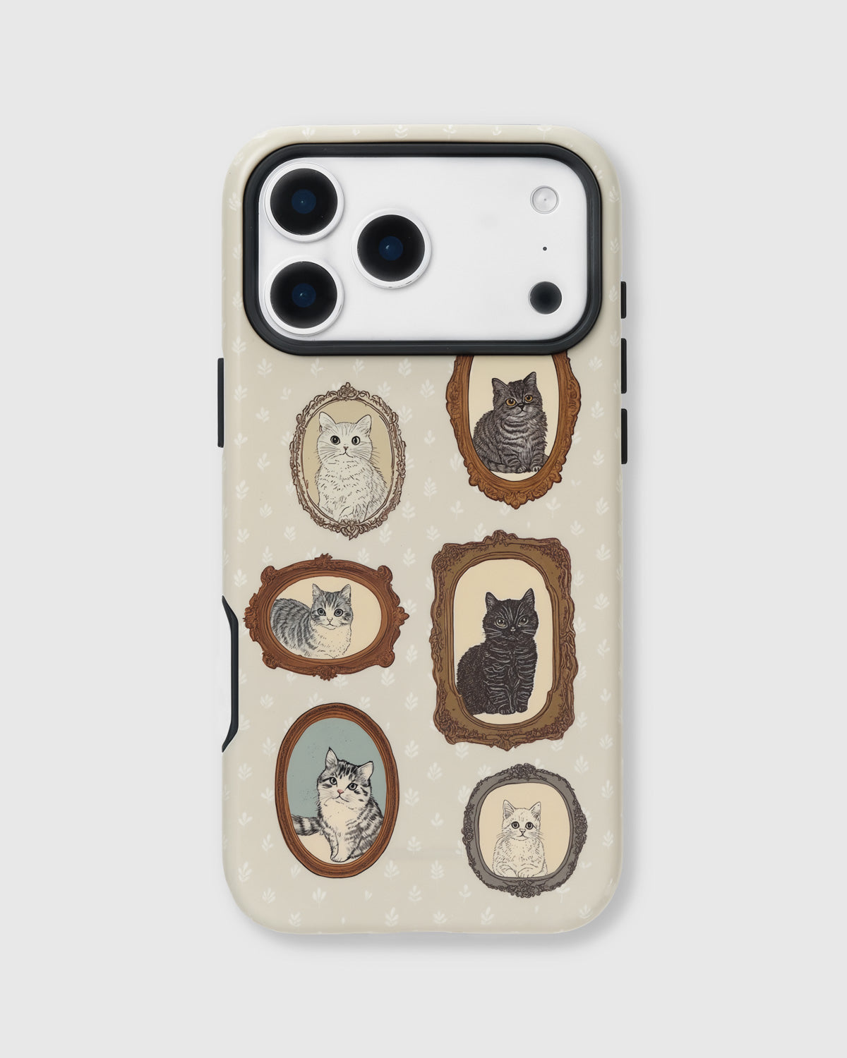Back of the vintage tabby phone case showing the gallery wall of framed cat portraits on UV-printed ABS