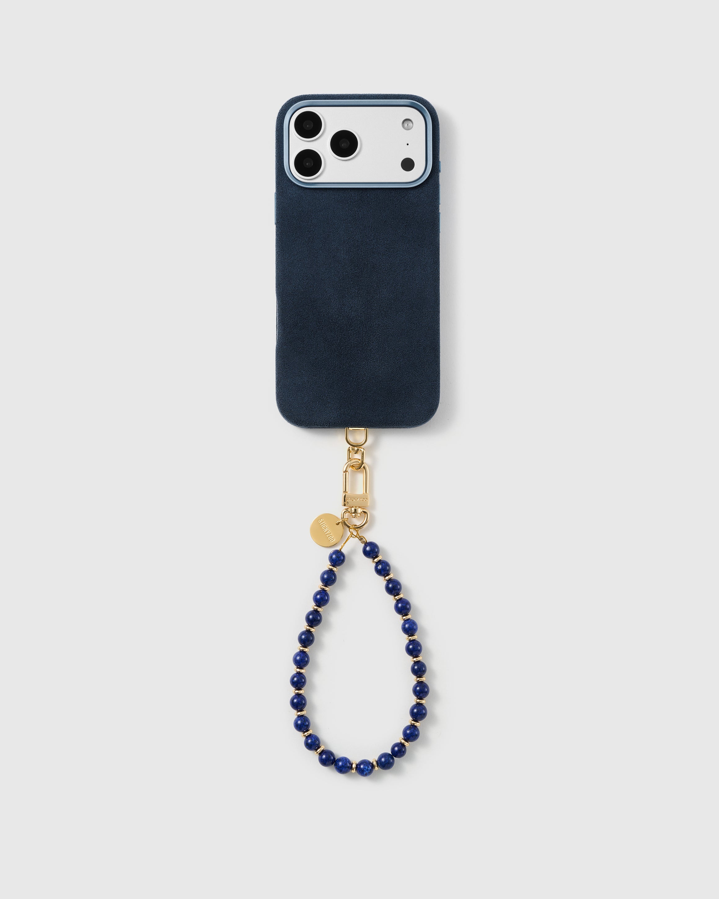 Handmade real stone phone strap on a black case, rated 4.9 across 5,000+ reviews