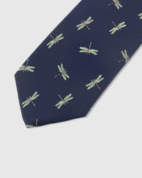 Sage dragonfly motif detail on navy mulberry silk tie showing raised hand-embroidered wings and body by STICKYZOO