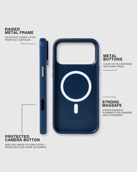 Raised metal camera frame, metal side buttons, protected Camera Control and strong MagSafe on the navy STICKYZOO leather case