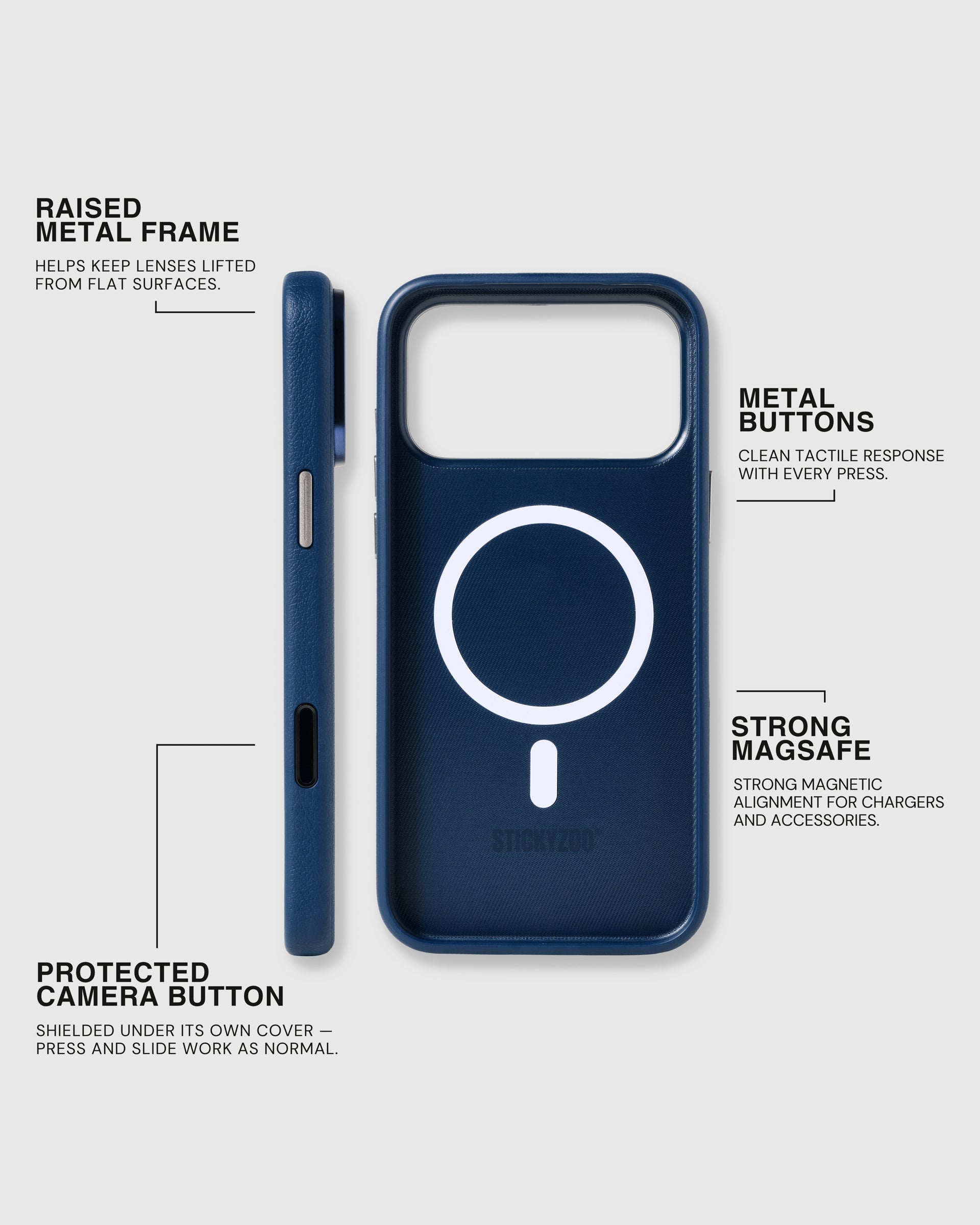 Raised metal camera frame, metal side buttons, protected Camera Control and strong MagSafe on the navy STICKYZOO leather case
