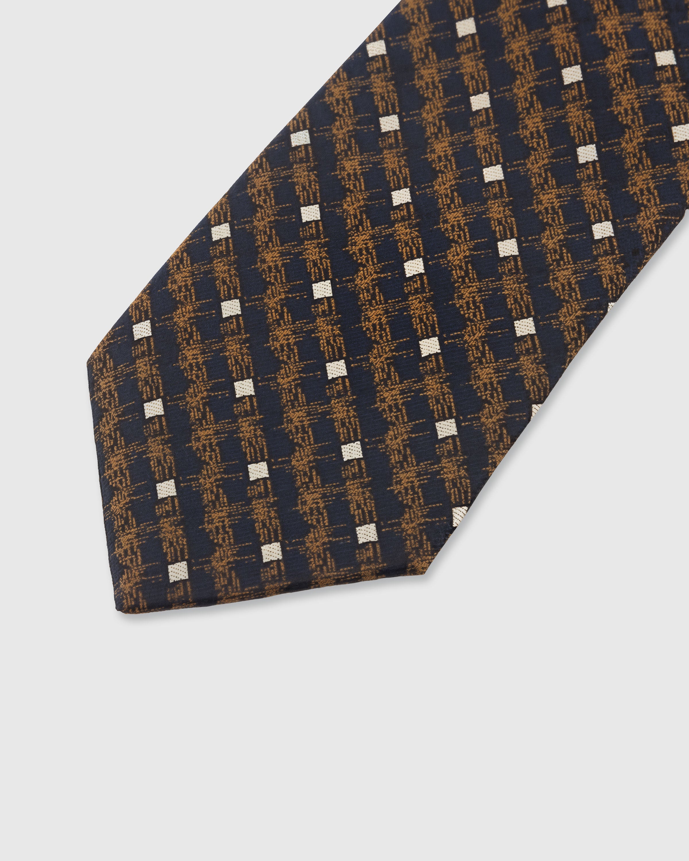 STICKYZOO Navy Crosshatch Tie — detail of hand-embroidered crosshatch check on pure mulberry silk