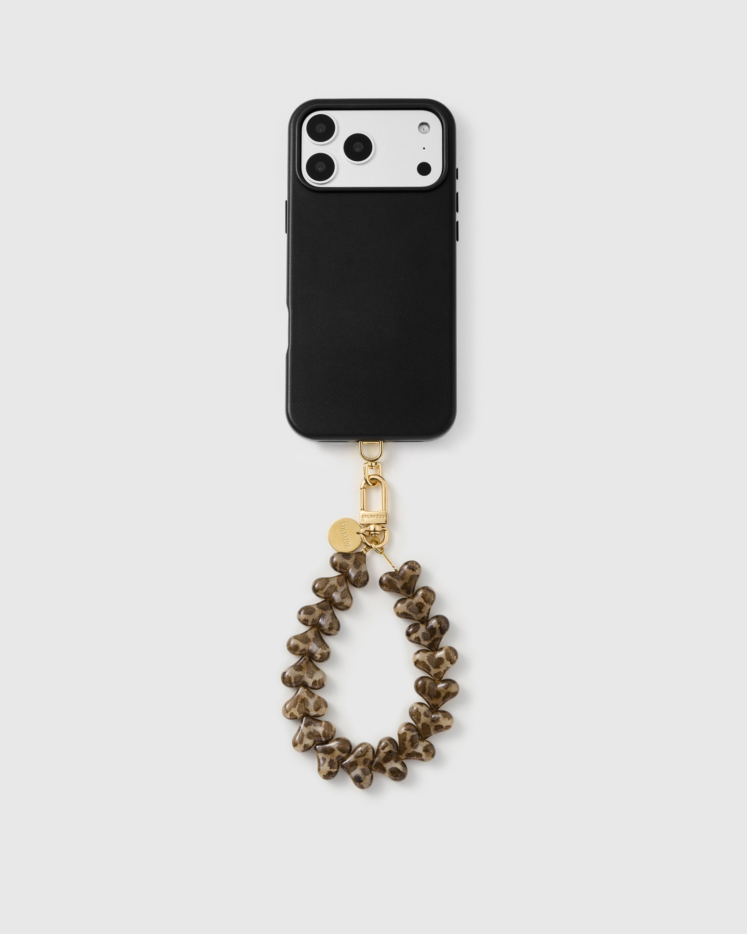 5,000 plus reviews full phone view with the smoke leopard heart strap clipped on, pattern catching the light across each bead