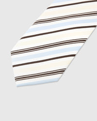 Coastal stripe detail on ivory mulberry silk tie showing woven sky-blue and chocolate transitions by STICKYZOO