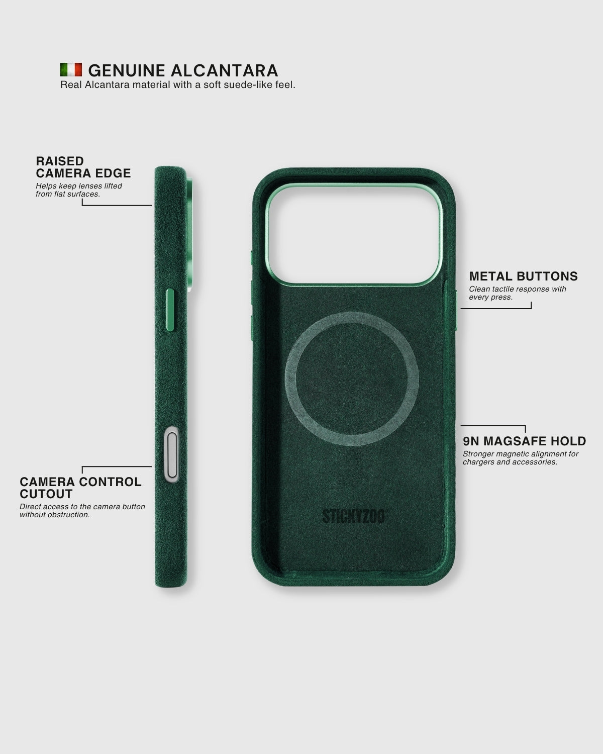 {{Alcantara exterior + lining}} Side profile and interior of STICKYZOO Evergreen Alcantara case showing genuine Alcantara on both sides with 9N MagSafe ring