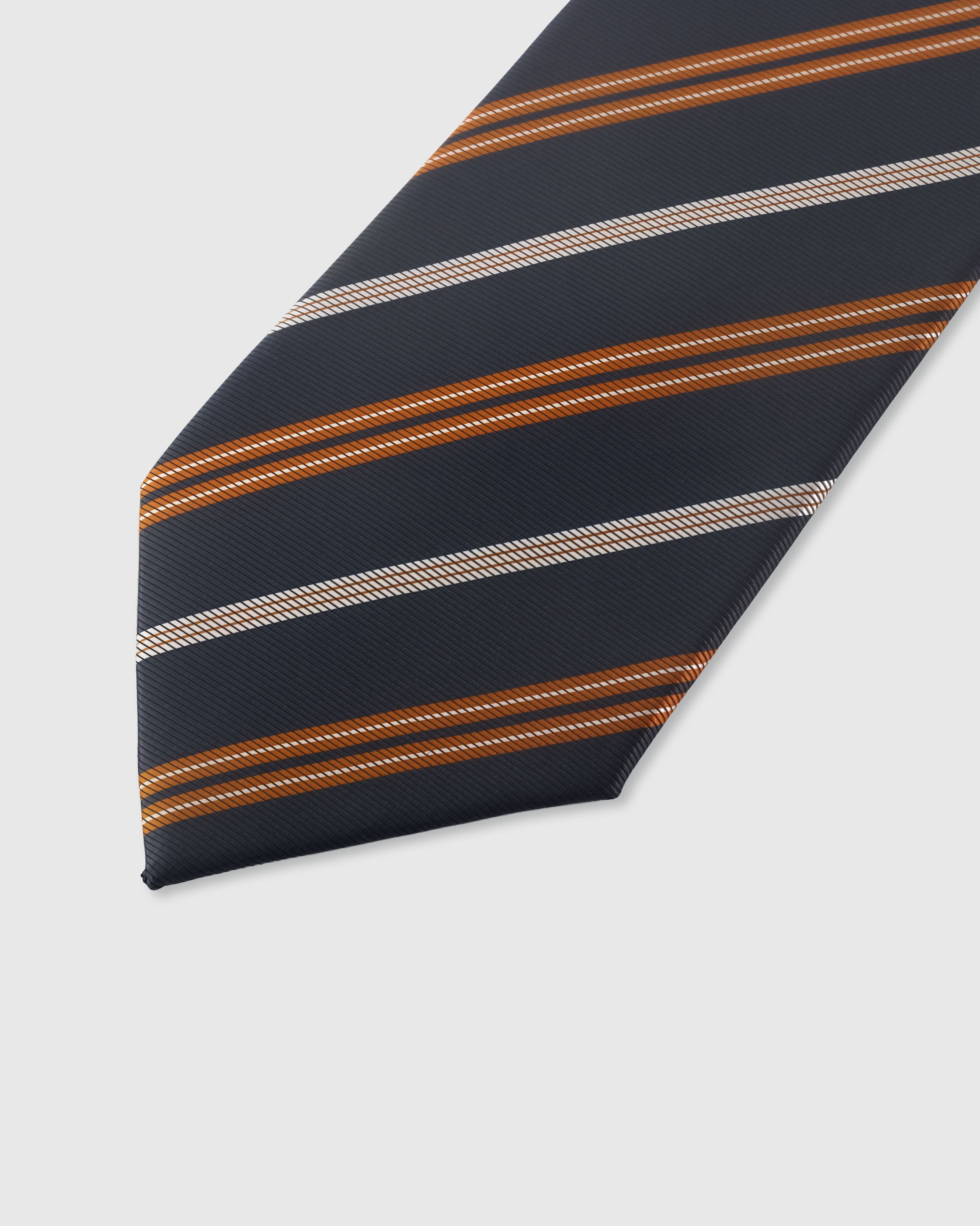 {Embroidered amber cream stripe detail} Regimental stripe detail on slate navy mulberry silk tie showing embroidered pattern by STICKYZOO