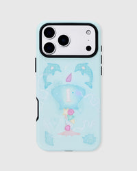 Back of the dolphin cove ocean case with the grip folded flush, showing the full aqua seashell and dolphin pattern