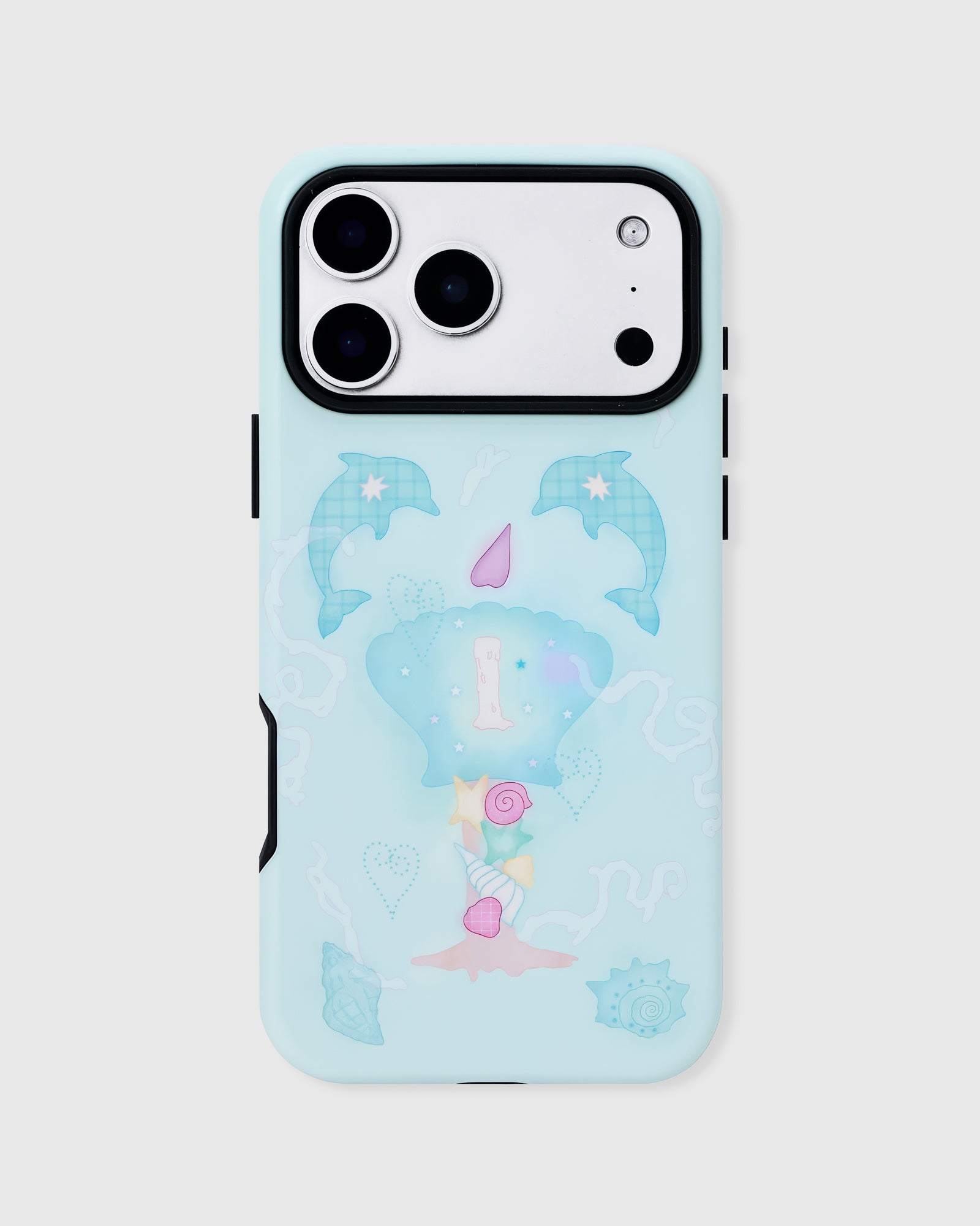 Back of the dolphin cove ocean case with the grip folded flush, showing the full aqua seashell and dolphin pattern