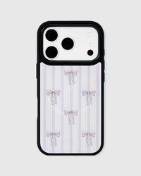 Back of the framed tuxedo cat phone case showing the lilac pinstripe and hand-drawn bow pattern on matte UV-printed ABS