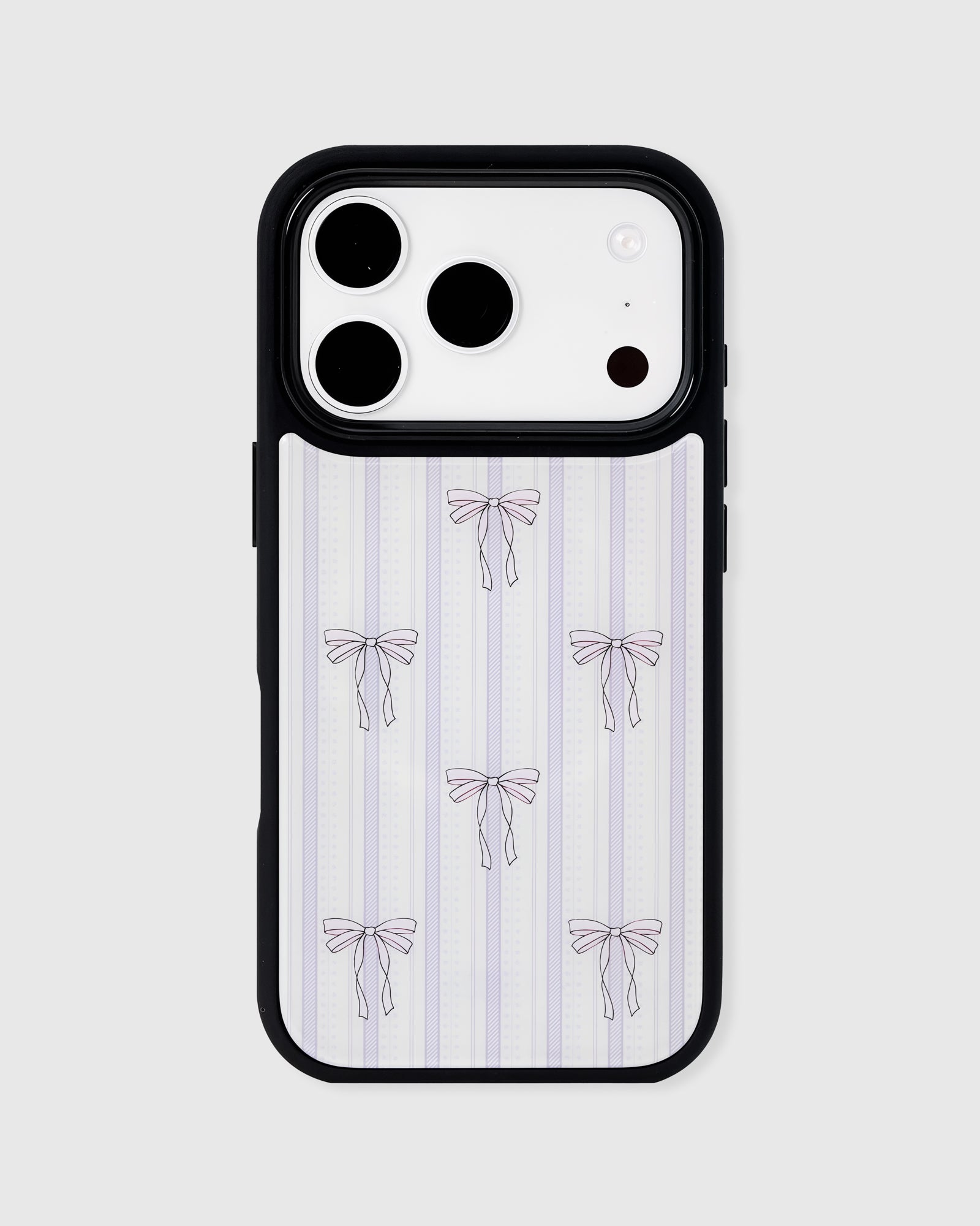 Back of the framed tuxedo cat phone case showing the lilac pinstripe and hand-drawn bow pattern on matte UV-printed ABS