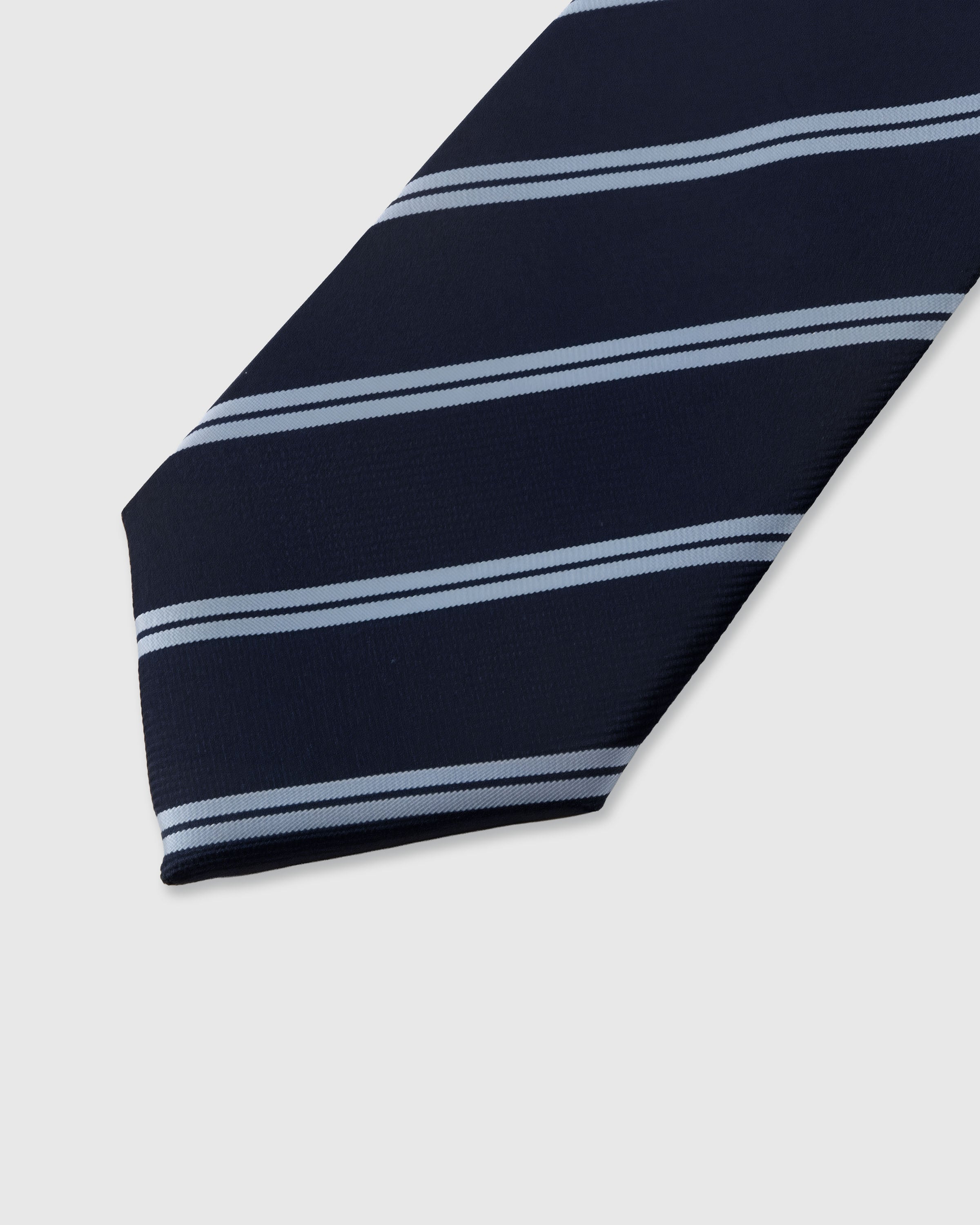 STICKYZOO Navy Double Stripe Tie — detail of hand-embroidered double repp stripe on pure mulberry silk