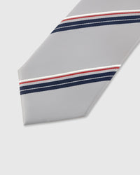 Navy and crimson regimental stripe detail on sterling mulberry silk tie showing raised hand-embroidered thread by STICKYZOO