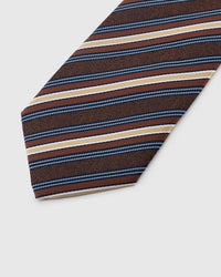 Tonal paisley and navy rope-twist stripe detail on chestnut mulberry silk tie showing layered hand-embroidered texture by STICKYZOO