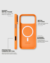 Raised metal camera frame, metal side buttons, protected Camera Control and strong MagSafe on the orange STICKYZOO leather case