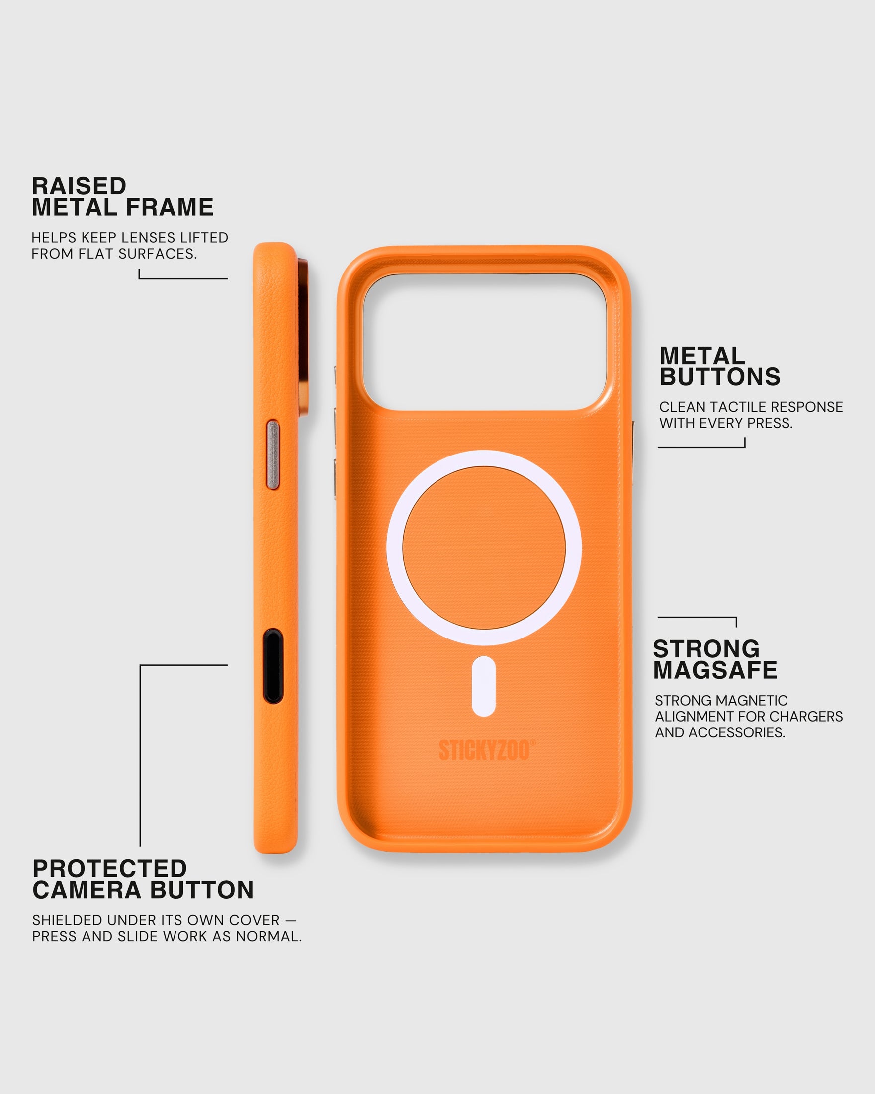 Raised metal camera frame, metal side buttons, protected Camera Control and strong MagSafe on the orange STICKYZOO leather case