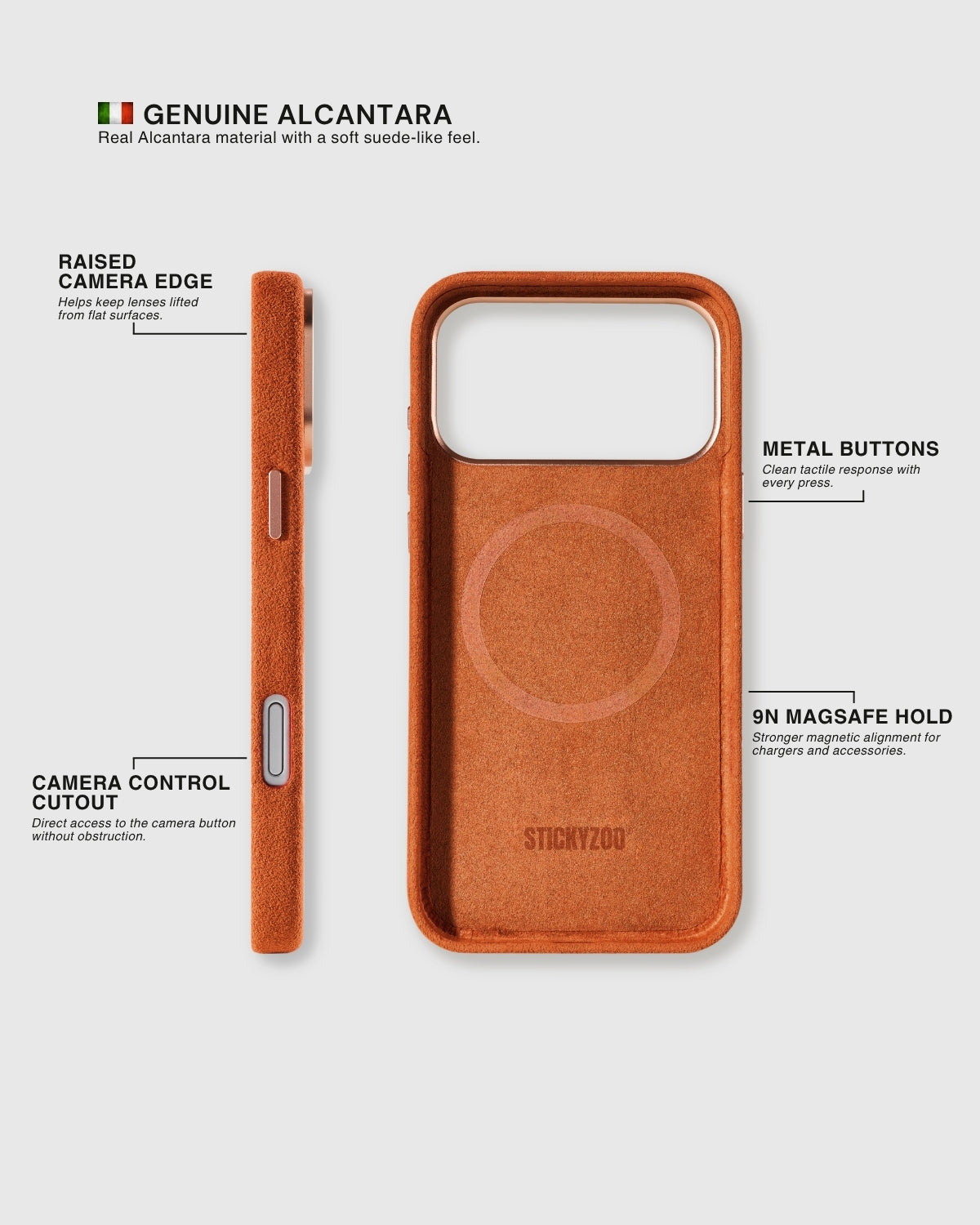 {{Alcantara exterior + lining}} Side profile and interior of STICKYZOO Ember Alcantara case showing genuine Alcantara on both sides with 9N MagSafe ring