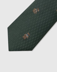 Embroidered, not printed STICKYZOO Forest Terrier Tie flat blade showing repeating terrier dog motifs on forest green silk