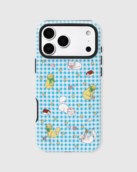 Back of the STICKYZOO blue gingham case showing the full cat-and-stars pattern printed on matte UV-printed ABS.