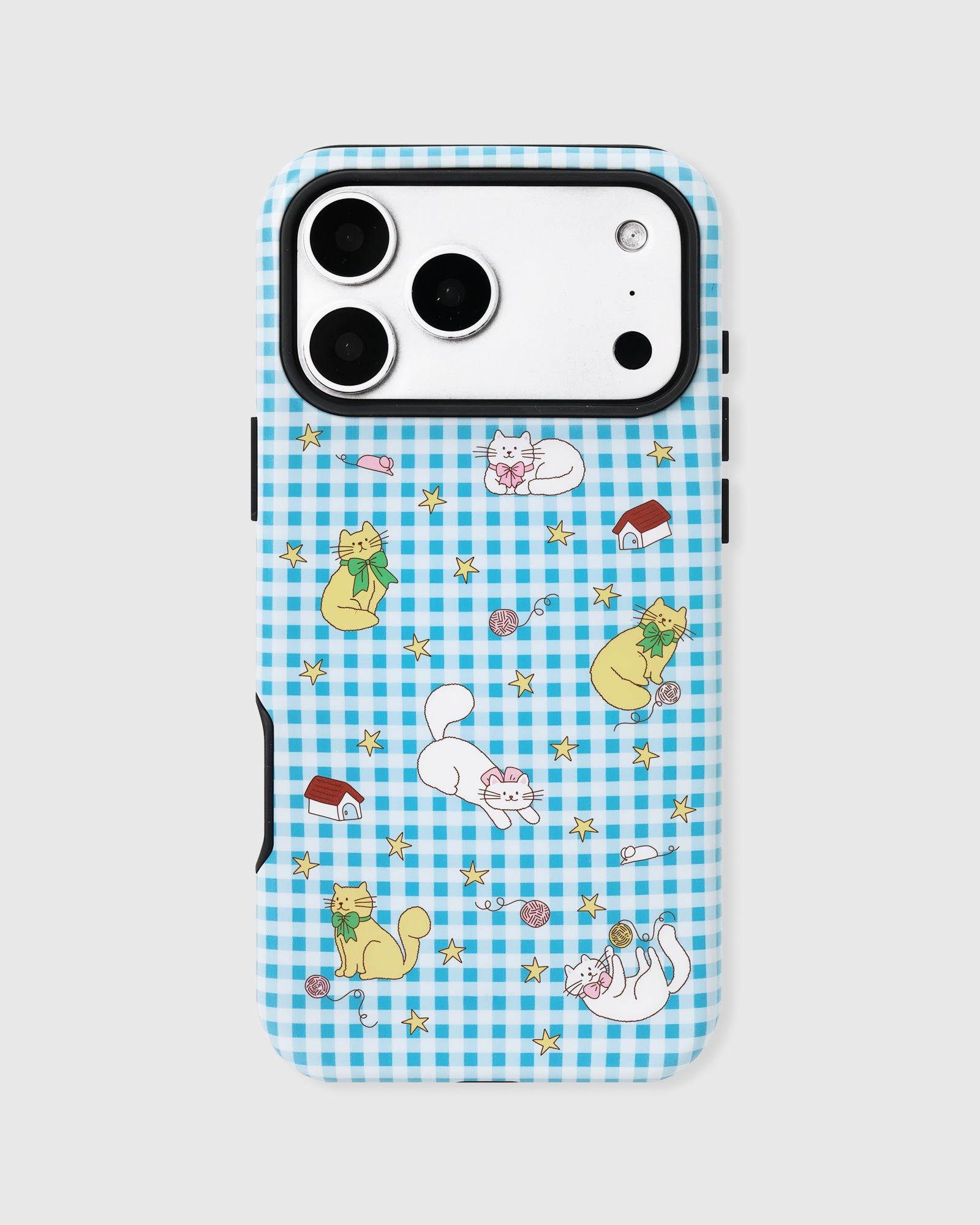 Back of the STICKYZOO blue gingham case showing the full cat-and-stars pattern printed on matte UV-printed ABS.