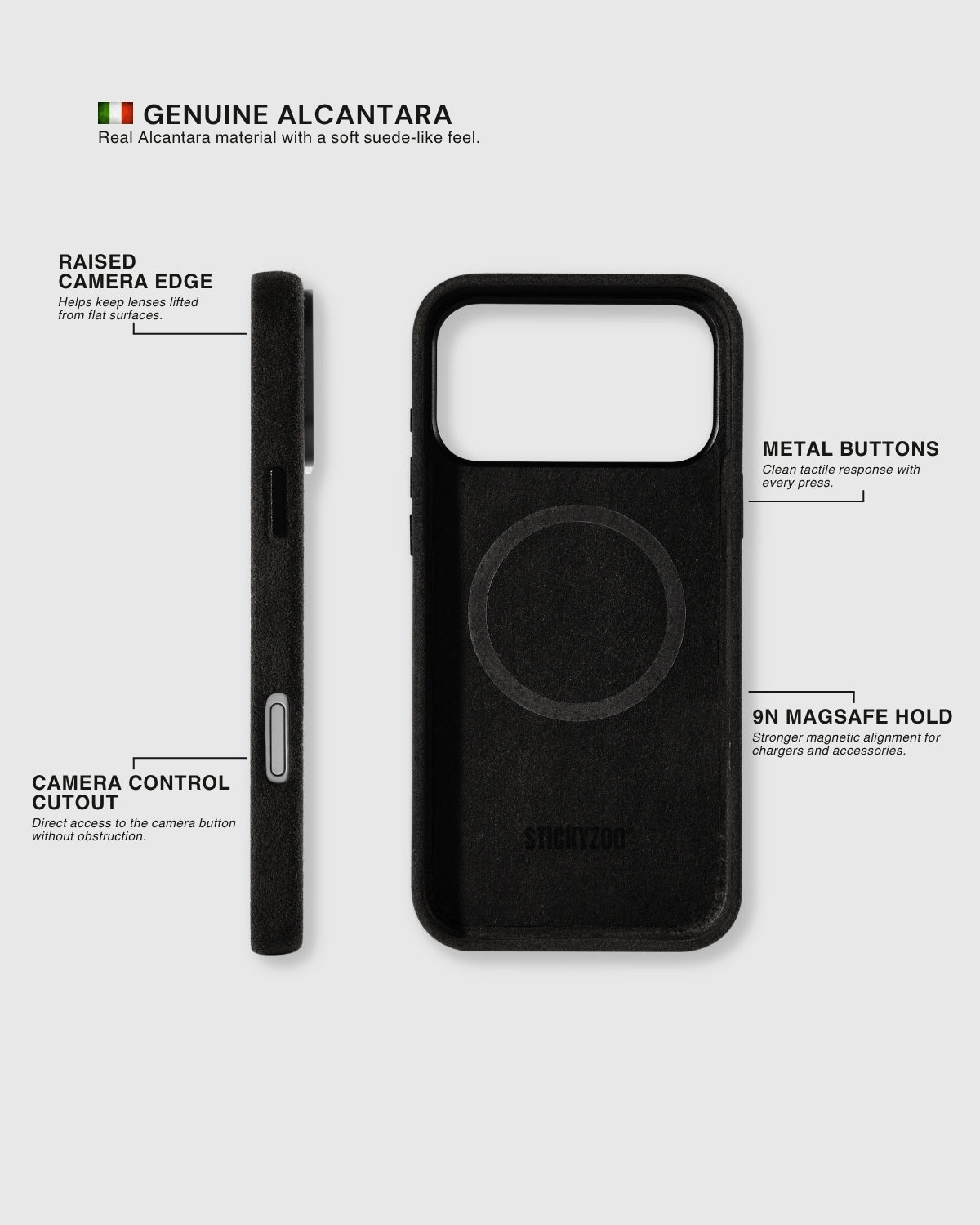 {{Alcantara exterior + lining}} Side profile and interior of STICKYZOO Black Alcantara case showing genuine Alcantara on both sides with 9N MagSafe ring