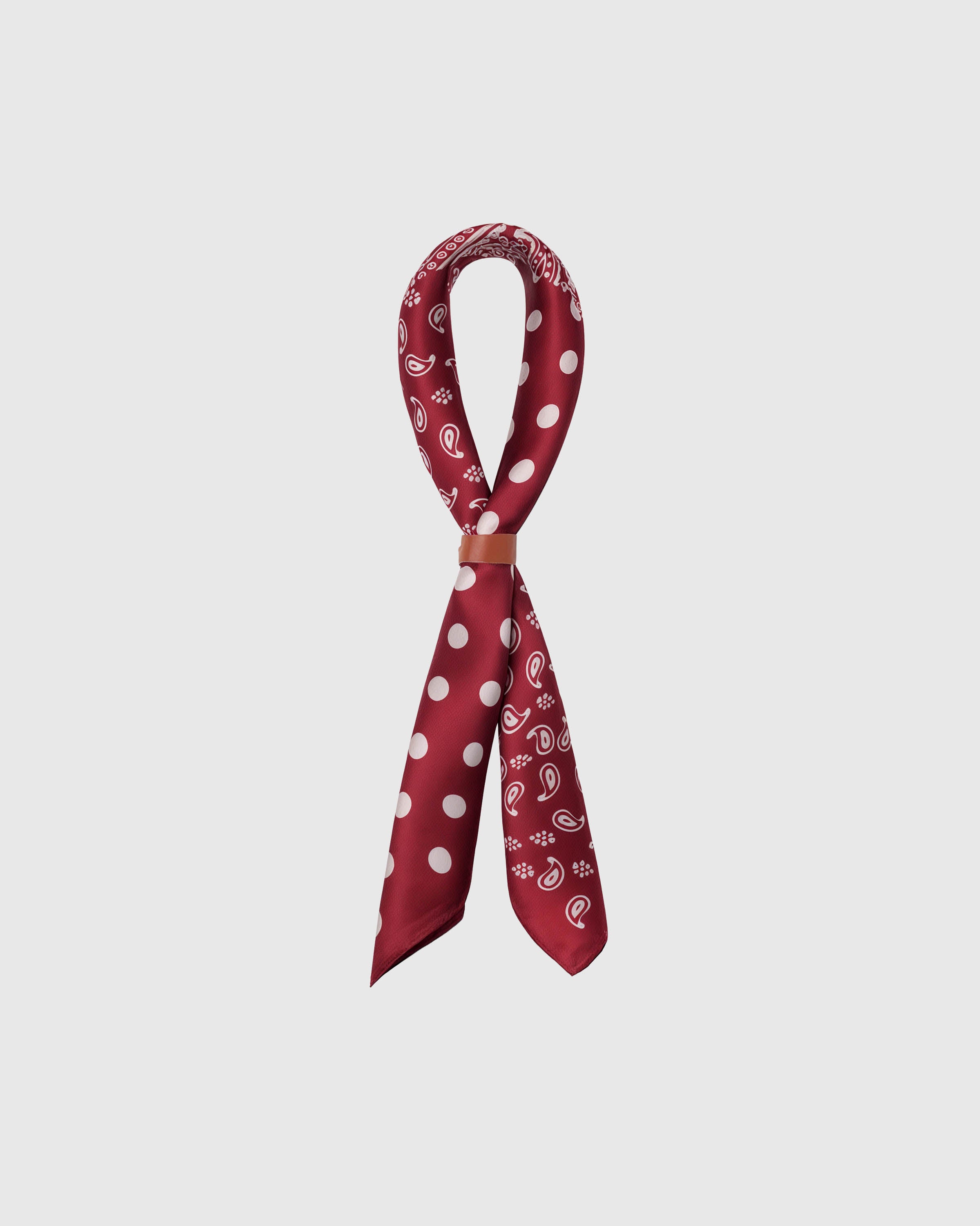 STICKYZOO cardinal bandana silk scarf coiled through a leather loop showing the four-block motif