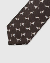 Embroidered, not printed STICKYZOO Pointer Tie flat blade showing repeating white and brown pointer dog motifs on dark brown silk