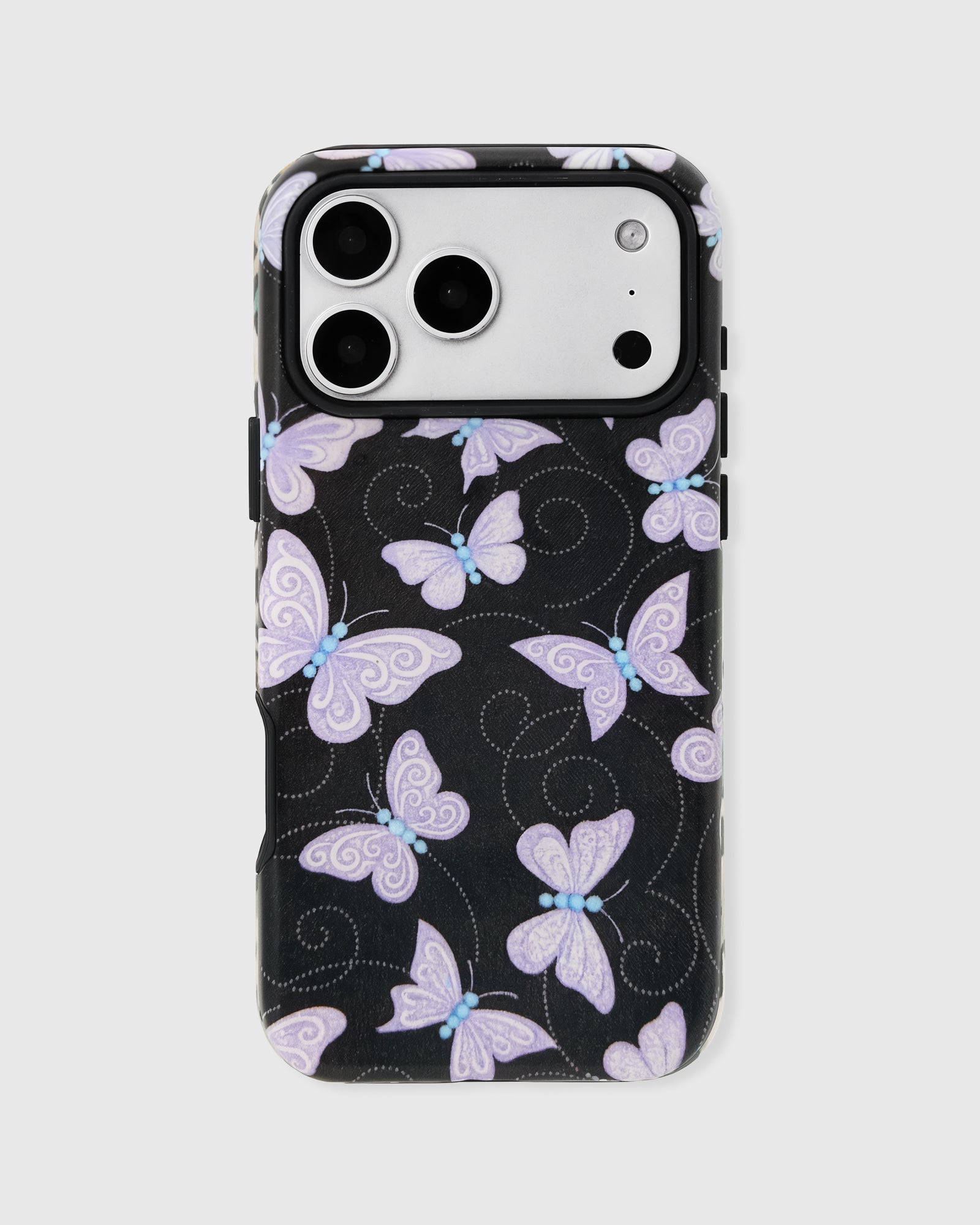 Back of the lavender butterfly phone case showing the full pattern on a matte UV-printed ABS shell