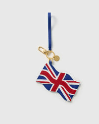 Union Jack charm draped on black bag — handmade French Alran leather by STICKYZOO